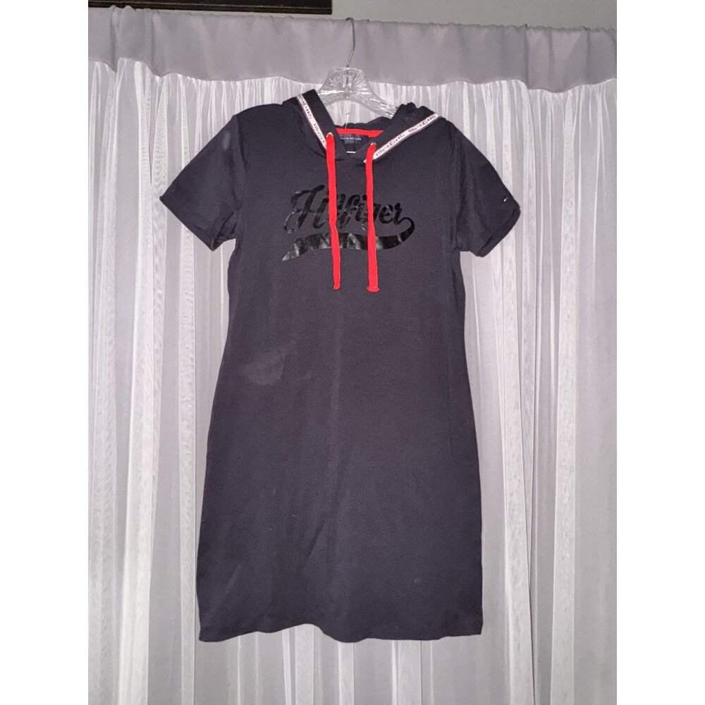 Tommy Hilfiger Navy Blue Logo Hoodie Dress With Red Drawstrings Size M